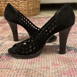 Via Spiga 6 1/2 Black Suede Peep Toe with Patent Leather Heels